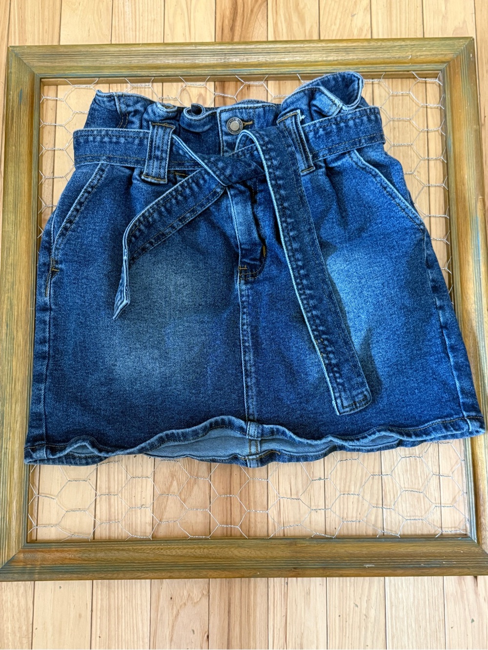 Angel Kiss Dark Blue Denim Paperbag Waist Mini Skirt with Tie Belt